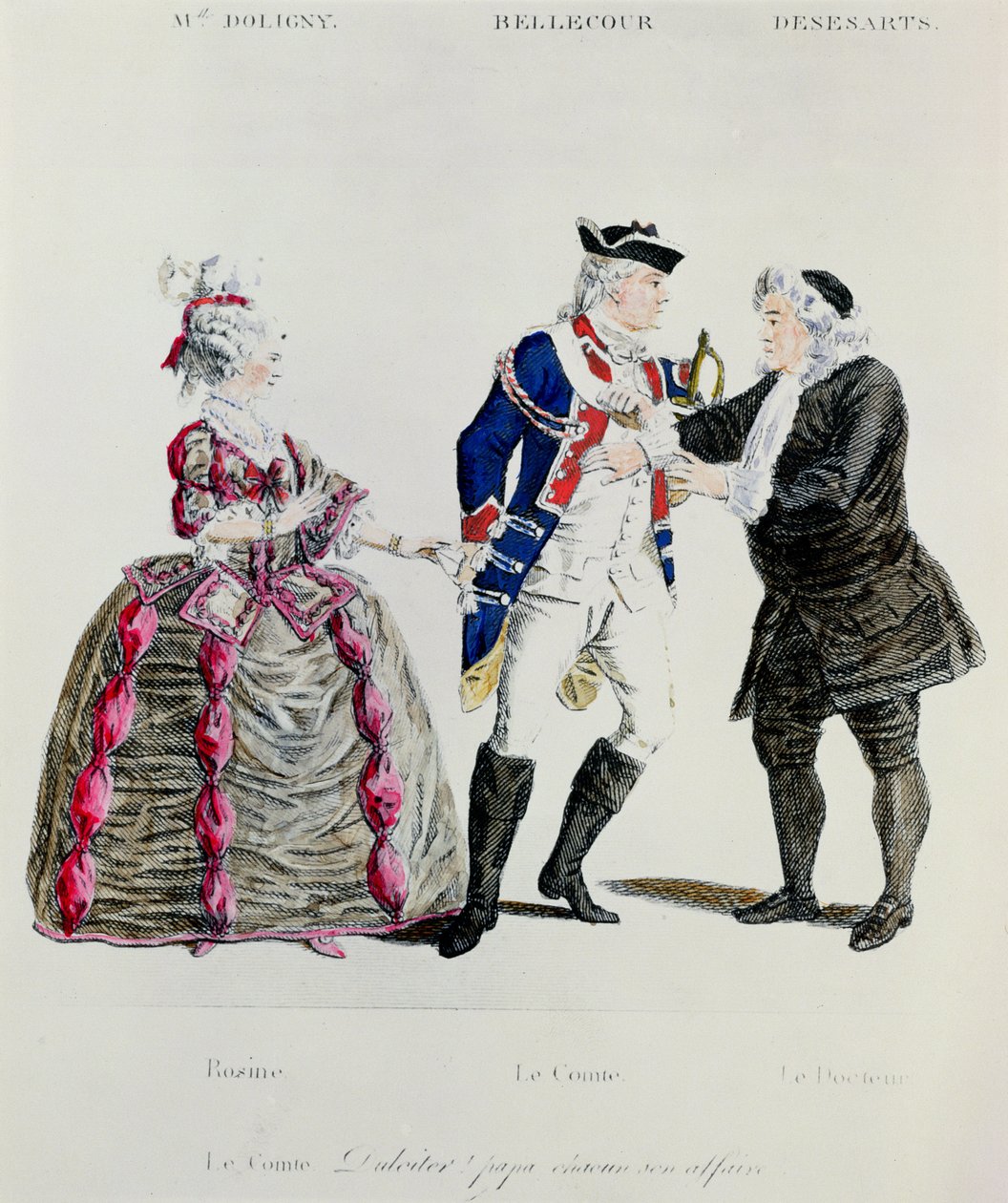 Rosine, grev Almaviva og doktoren, scene fra akt II scene 13 av Barberen av Sevilla av Pierre Augustin Caron de Beamarchais (1732-99) av French School