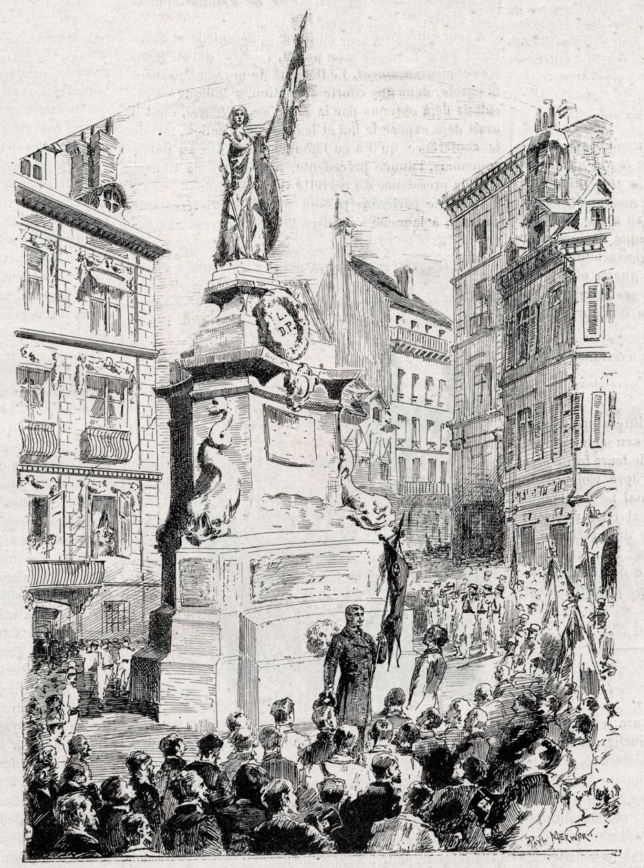 Rouen: members of the League of Patriotes in front of the statue of Joan of Arc- drawing by Paul Merwart for “” the flag - illustrious monitor of the League of Patriotes”” - 1884 av French School