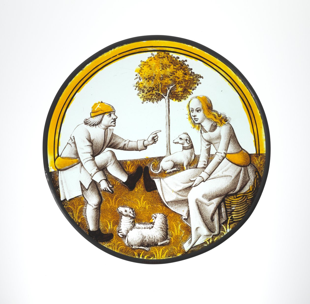 Roundel with Couple Playing at Quintain, c.1500 (glass, vitreous paint and silver stain) av French School