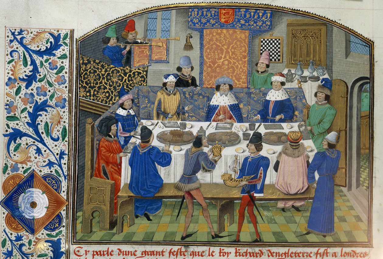 Roy 14 E IV fol.265v Dukes of York, Gloucester og Irland spiser middag med Richard II, Vol III 'From the Coronation of Richard II to 1387', av Jean de Batard Wavrin (vellum) av French School