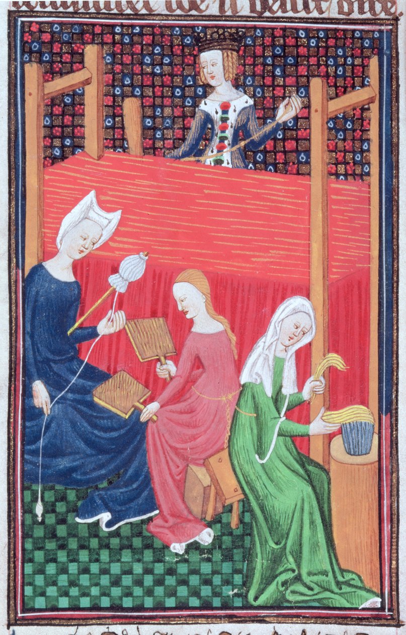 Roy 16 G V f.56 Gaia Caecilia eller Tanaquil, med vevstol og kvinner som spinner, fra `De Claris Mulierbus