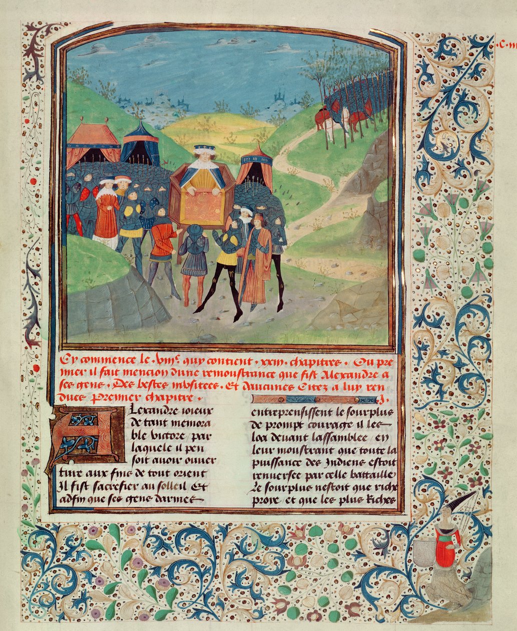 Roy 17 FI f.198 Alexander den store henvender seg til sine menn i håp om å overtale dem til å fortsette inn i India, fra Quinte Curse Ruffe des Fais du Grant Alexandre, ca. 1468 (vellum) av French School