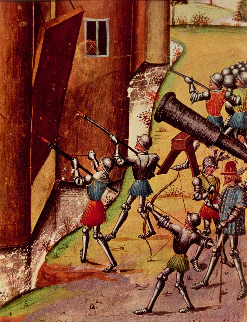 Roy 17 f.1 Soldater bevæpnet med håndkanoner som beleirer et slott, fra Quinte Curse Ruffe des Fais du Grant Alexandre, ca. 1468 (vellum) av French School