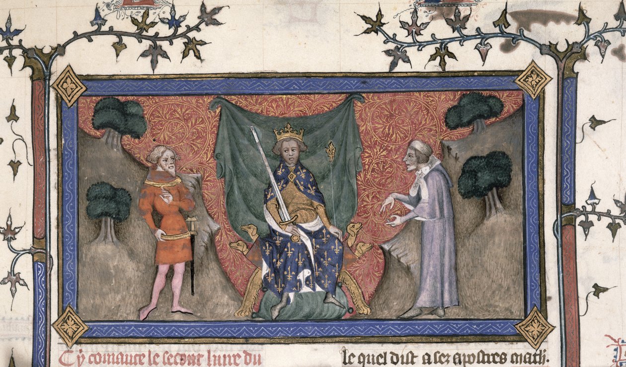 Roy 19 C IV f.154 Kong Charles V (1337-80) av Frankrike tronet med krone, sverd og septer mellom en ridder og en kontorist av French School