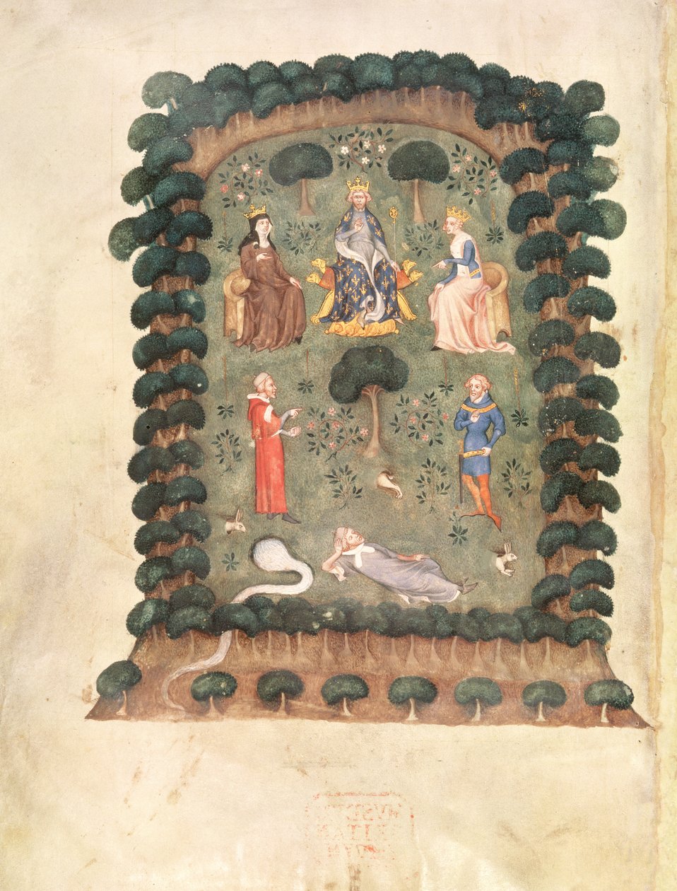 Roy 19 C IV f.298 Charles V troner i hagen med krone og septer, fra 'Dream of the Orchard Keeper' av French School