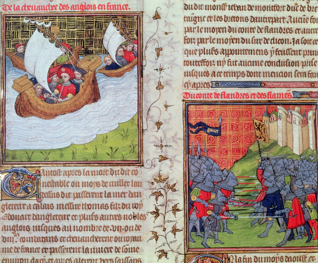 Roy 20 C VII f.219v Engelskmennene til sjøs, og slaget mellom mennene i Gent og greven av Flandern, slutten av 1300-tallet (vellum) av French School