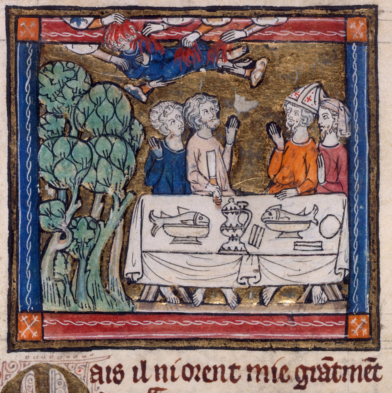 Royal 14 E. III, f.76v Seven Hands Cast Fire on Moys, illustrasjon fra 