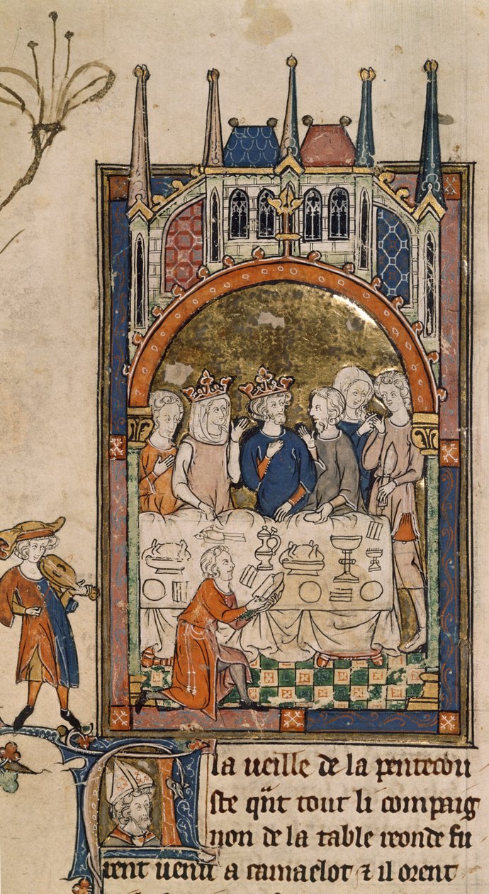 Royal 14 E. III, f.89, kong Arthurs fest, kong Arthur og Guinevere på en bankett, med en tjener knelende foran bordet som skjærer brød, fra 'La Queste del Saint Graal', ca. 1315-25 (vellum) ) av French School
