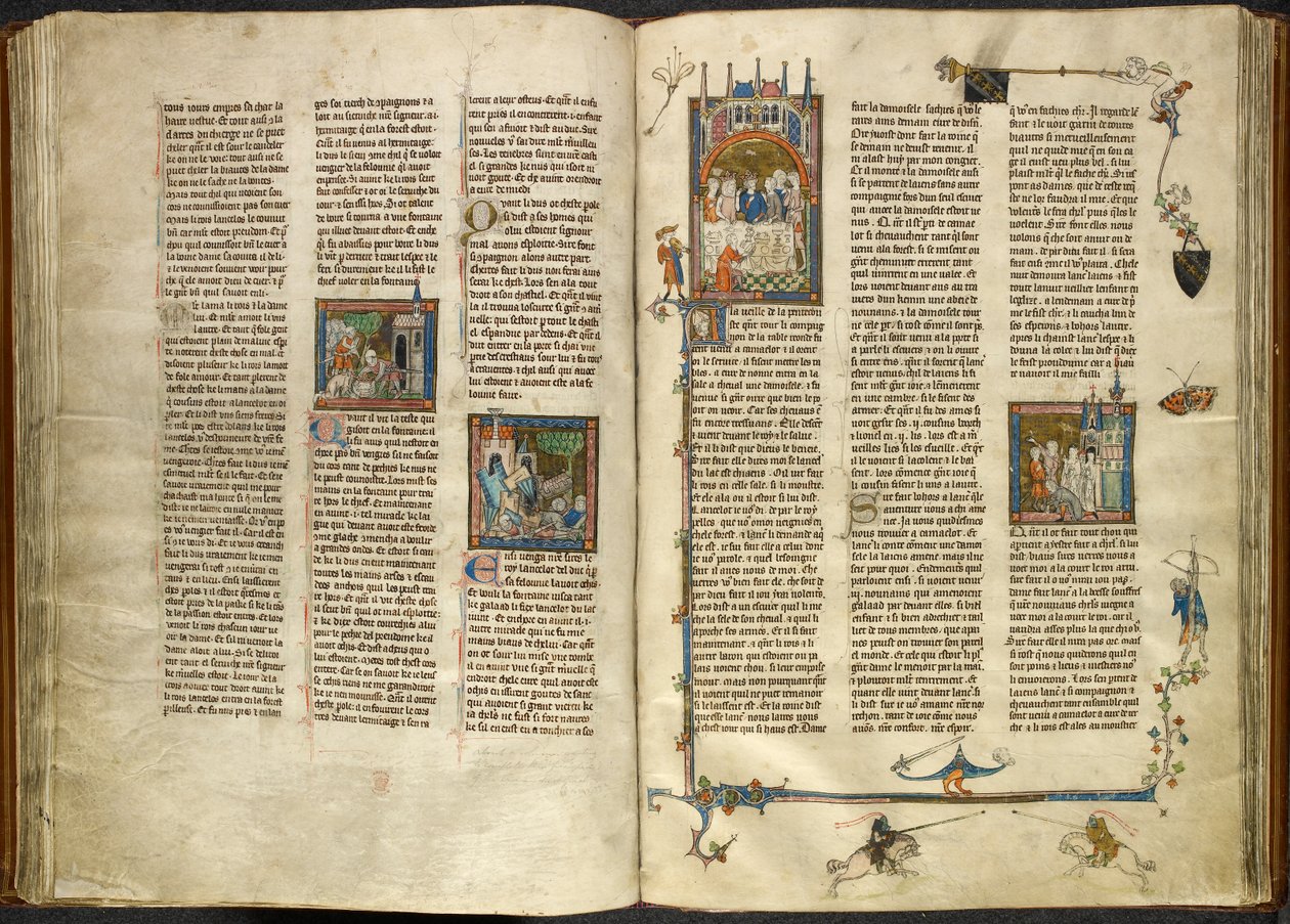 Royal 14 E. III, ff.88v-89 Lancelot removing the head of his decapitated grandfather, the king, out of a boiling well; a building collapsing on two knights. On the right, miniature of Arthur and Guinevere seated at a banquet, from 