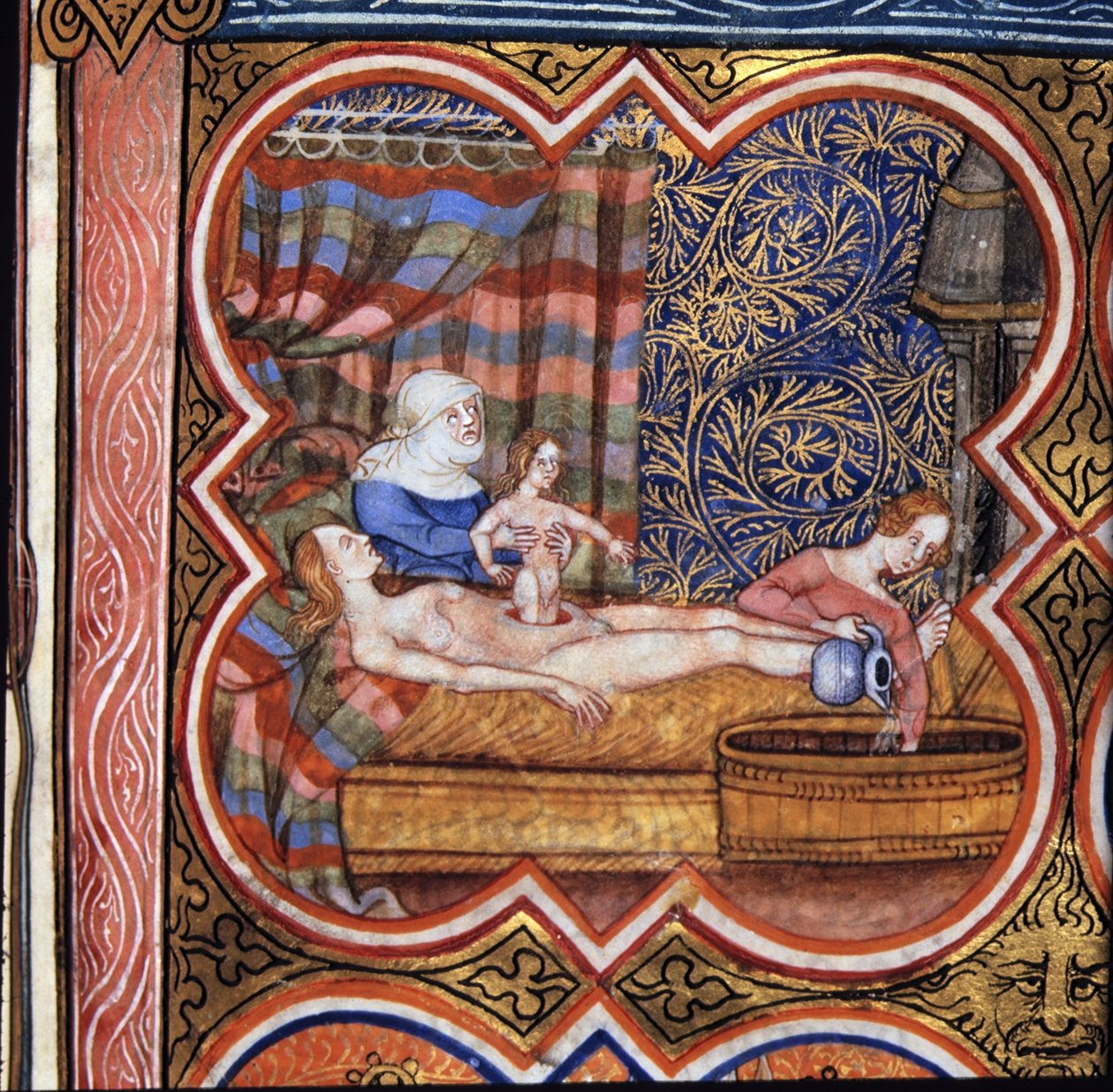 Kongelig 16 G VII fol.219 Julius Caesars fødsel (101-44 f.Kr.) (vellum) av French School