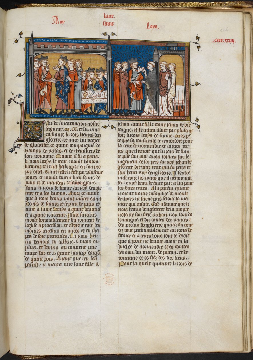 Royal 16 G VI f.426r Miniatyr av Henry III på besøk hos Louis IX, og Henry III på St Denis, side fra 'Les Grandes Chroniques de France' av French School