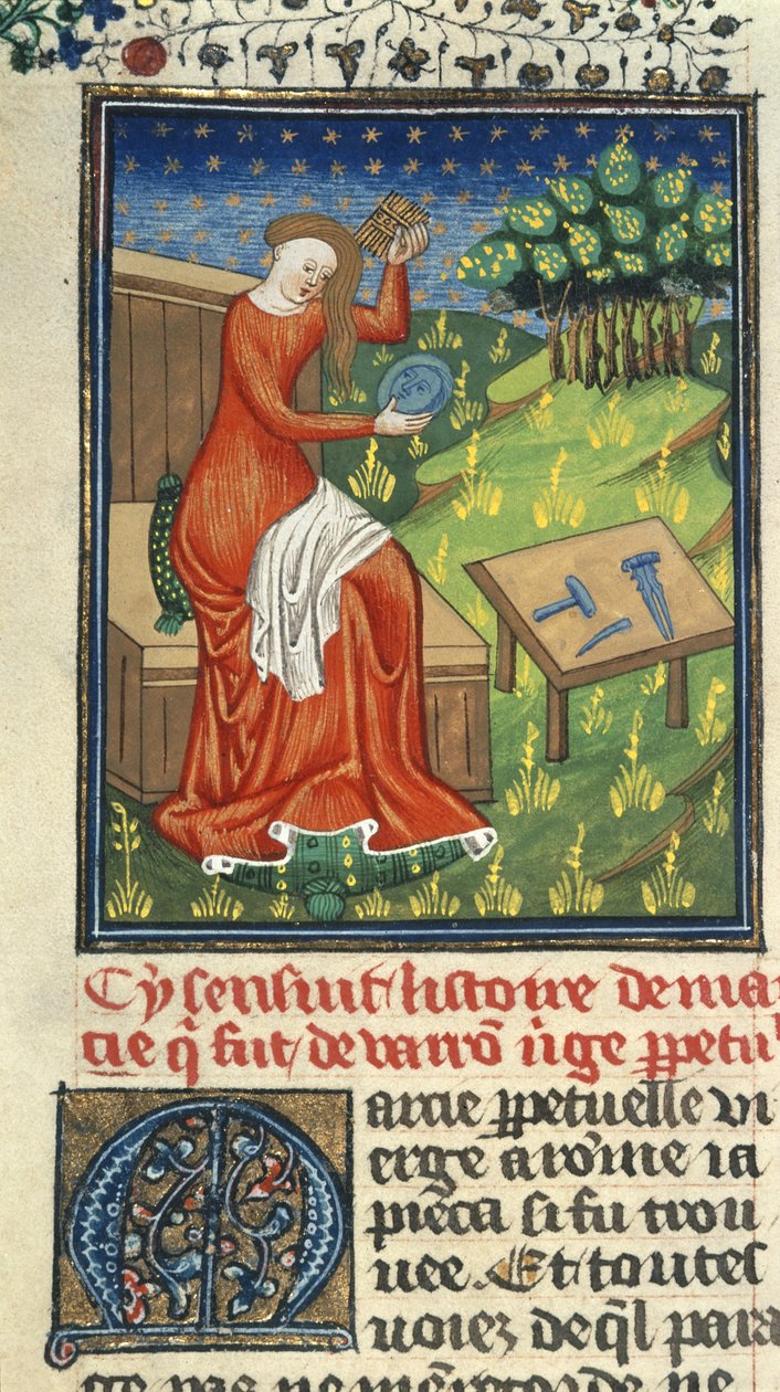 Royal 16 G. V, f.80 Jaia av Cyzicus, med kam, speil og skulptørverktøy, illustrasjon fra 