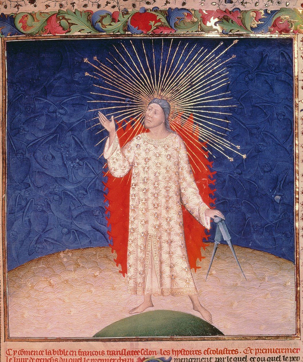 Royal 19 D III, f.3: Gud omgitt av ild med et par kompasser, fra Bible Historiale av Guyart des Moulins, ca. 1411 (vellum) av French School