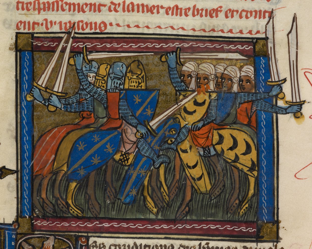 Royal 19 D. I f.189v kristne og saracenske hærer i kamp, illustrasjon fra 