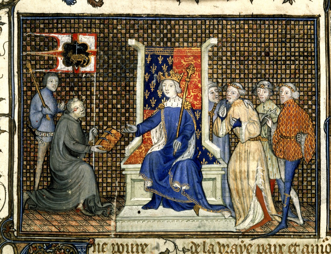 Royal 20 B. VI, f.2 Presentasjon til Richard II, fra 'Treatise addressed to King Richard II of England' av Maizi av French School