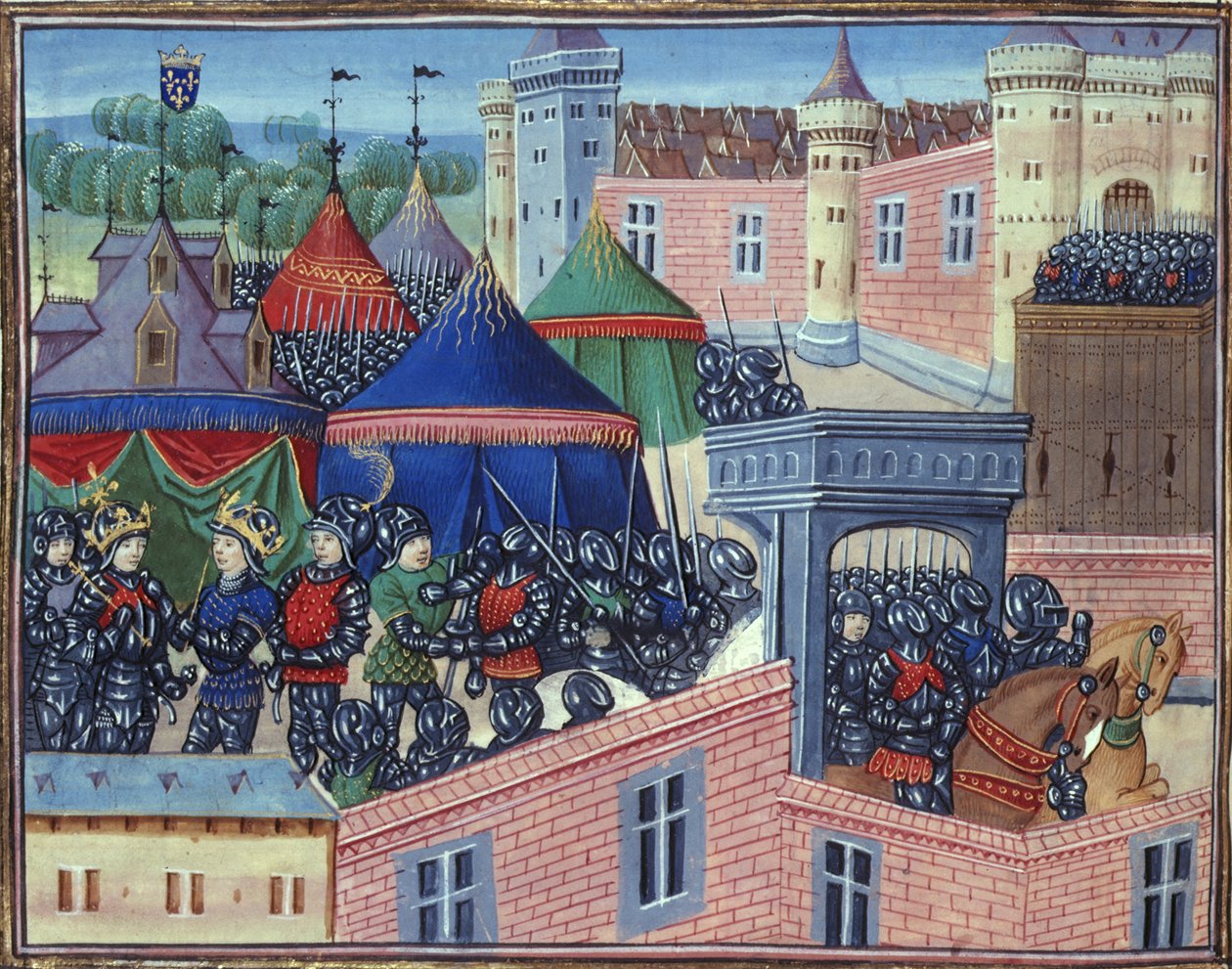 Royal 20 C.IX fol.137v Kongene av Frankrike og Sicilia med sine hærer før Metz, fra 