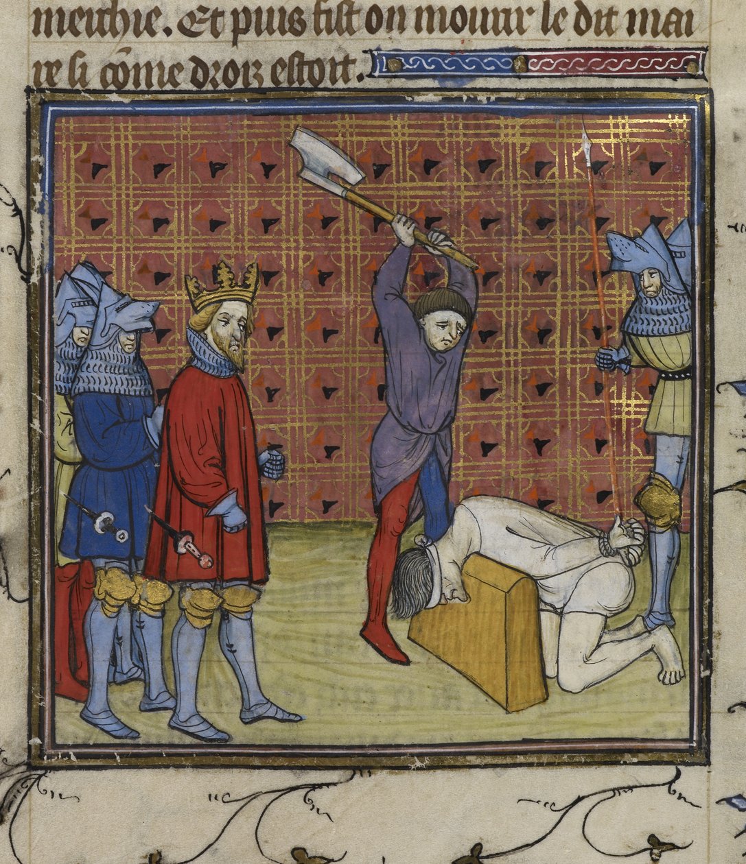 Royal 20 C. VII f.134v Ledere av Jacquerie-opprøret mot den franske adelen halshugget etter ordre fra kongen av Navarra, fra 'Chroniques de France ou de St Denis' (blekk, farge og gull på vellum) av French School