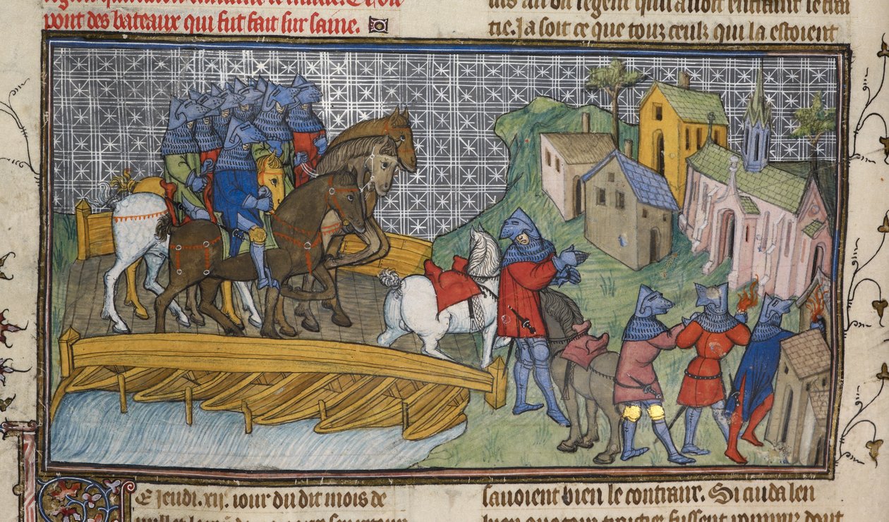 Royal 20 C. VII, f.136v Passage of the Seine, illustrasjon fra 