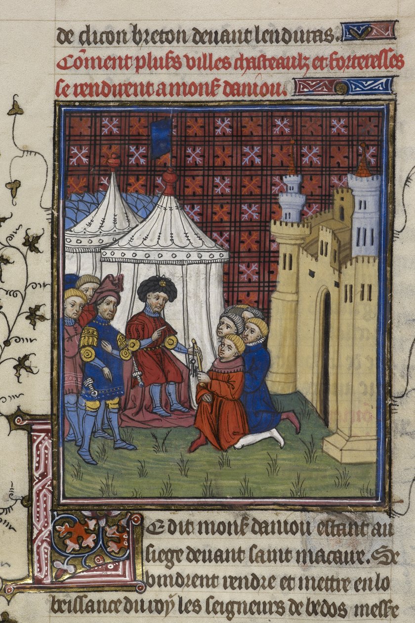 Royal 20 C. VII, f.194, Nøklene til en by blir overgitt til hertugen av Anjou (vellum) av French School