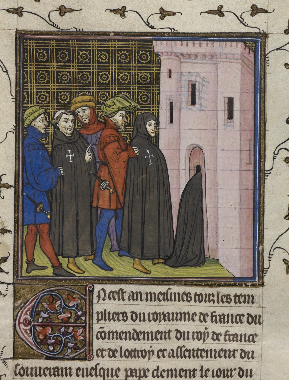 Royal 20 C. VII, f.42v Arrest of the Templars, illustrasjon fra 