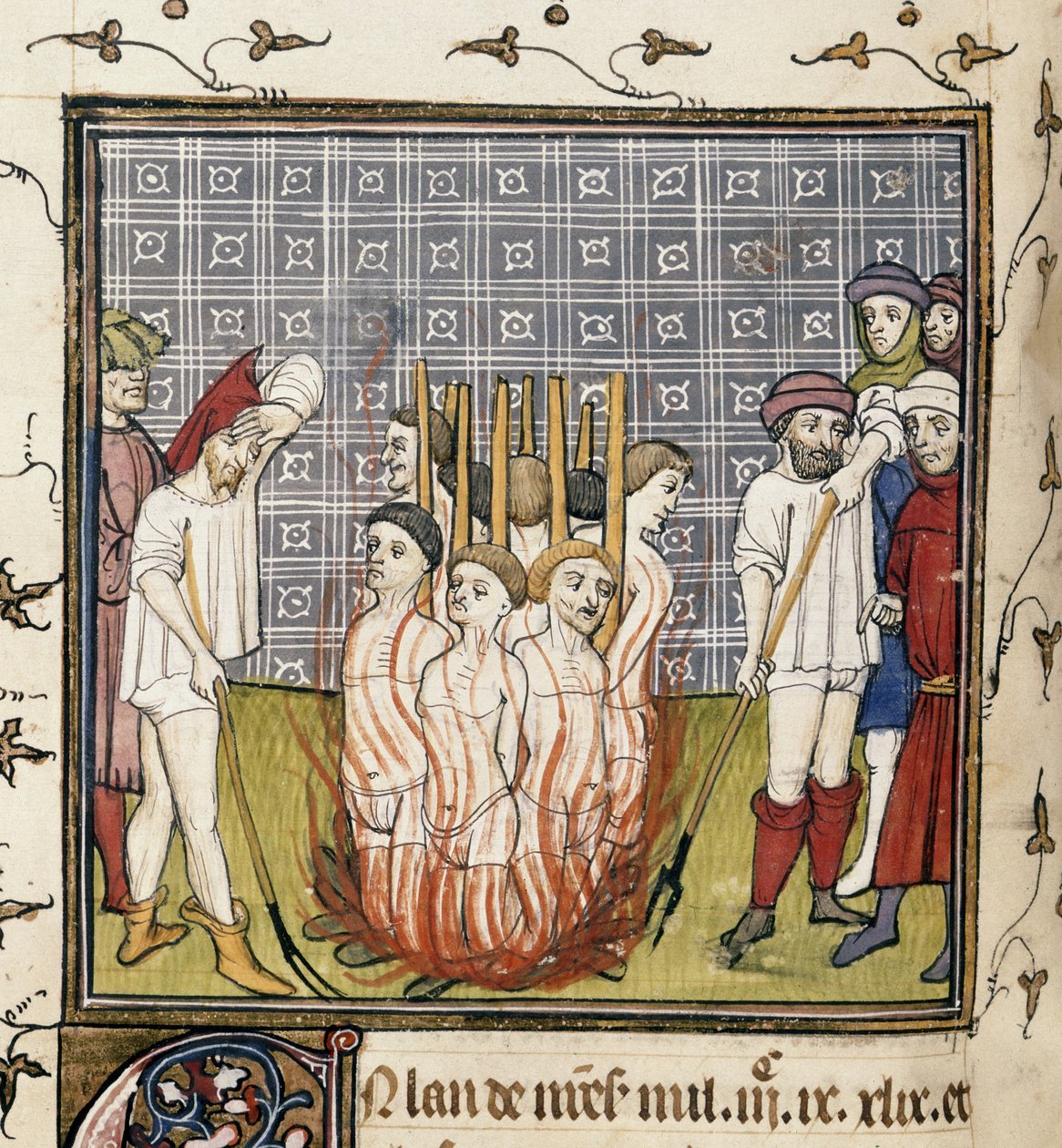 Royal 20 C. VII, f.44v Burning of Templars, illustrasjon fra 