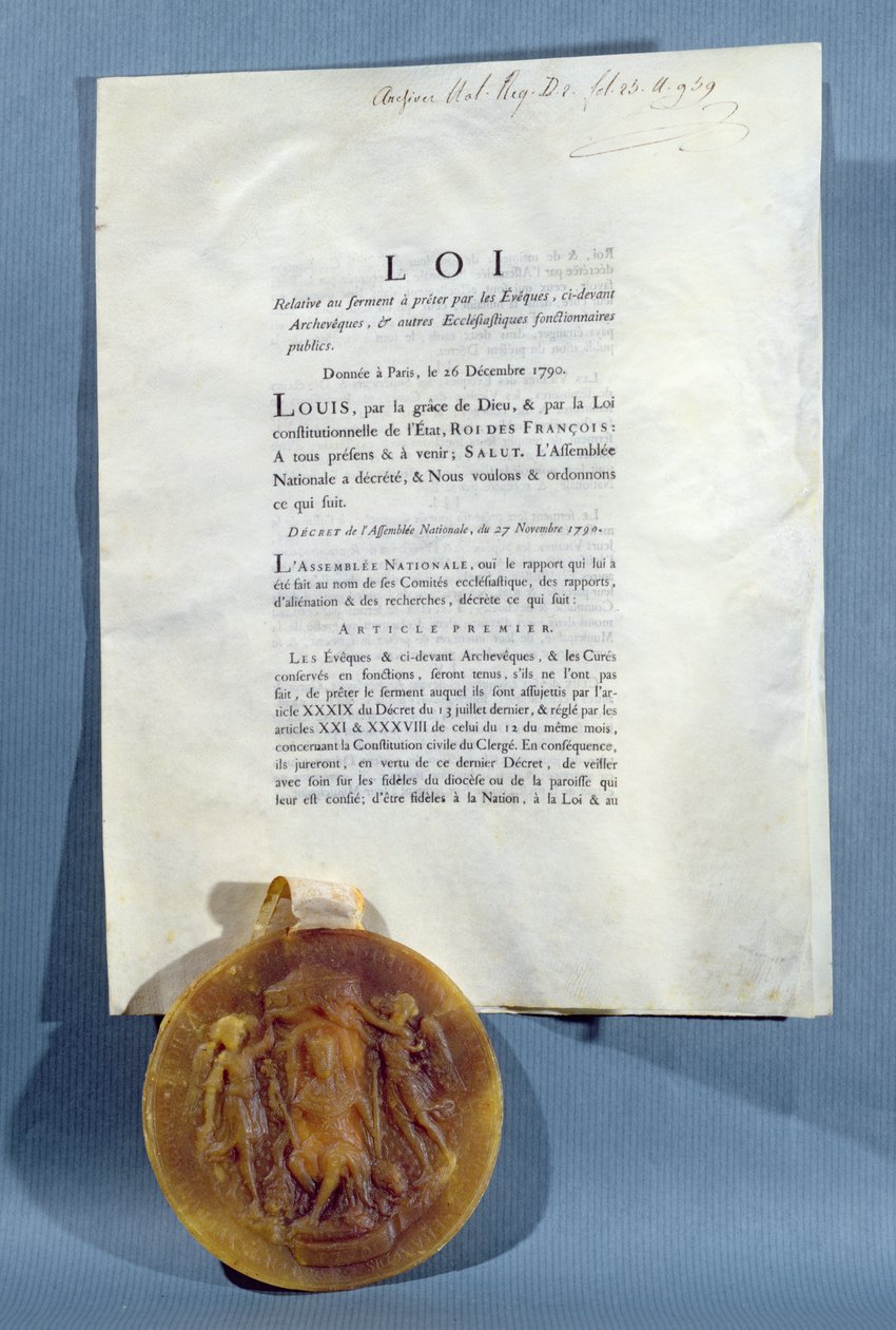 Kongelig resolusjon av Ludvig XVI som bekrefter plikten til franske biskoper og prester til å sverge en ed om troskap til presteskapets sivile konstitusjon, 16. desember 1790 (trykt papir og vokssegl) av French School