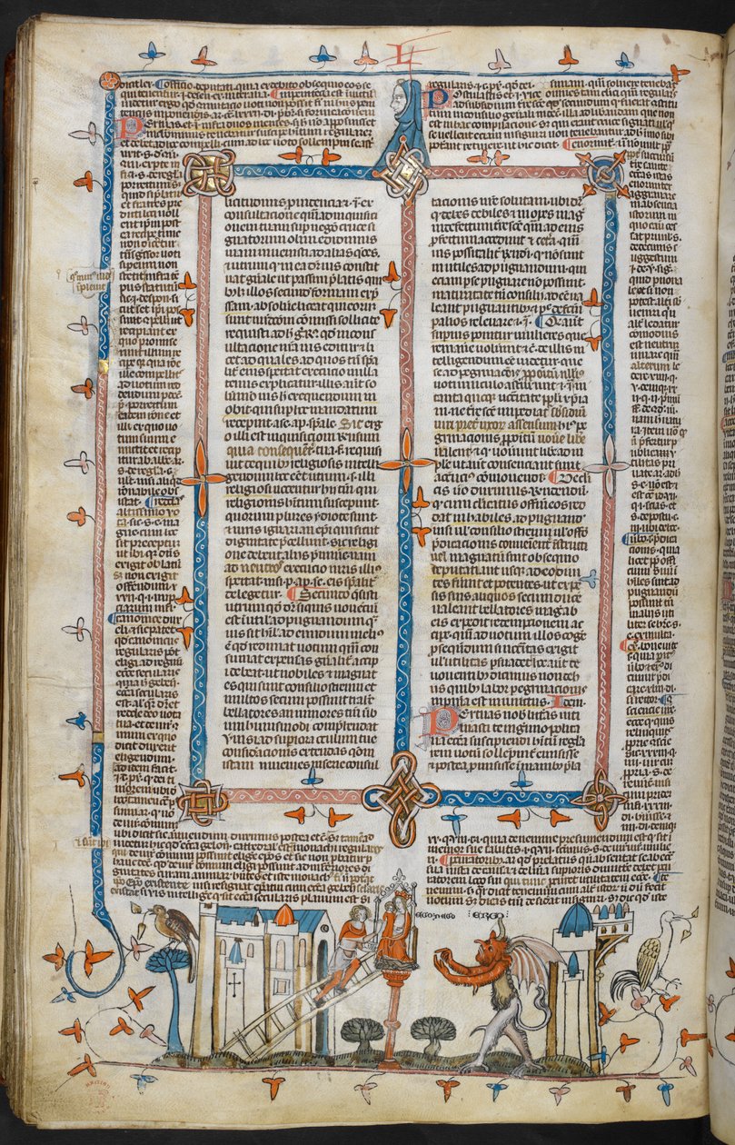 Royal MS 10 E IV, f.209v, The Painter and the Devil, fra Decretals of Gregory IX med glans av Bernard av Parma (