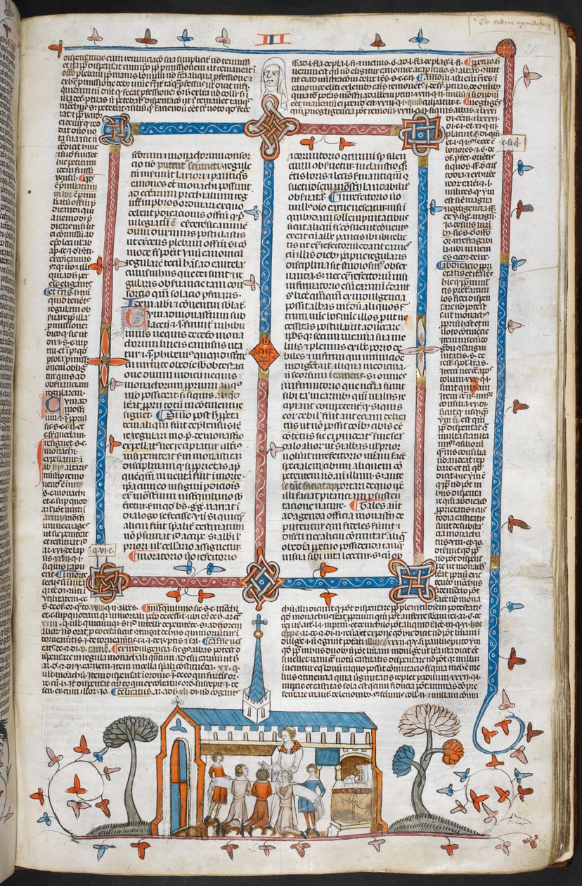Royal MS 10 E IV f.211r, en bas-de-page scene av kommunikanter ved en messe, ca. 1300-40 (penn og blekk og tempera på pergament) av French School