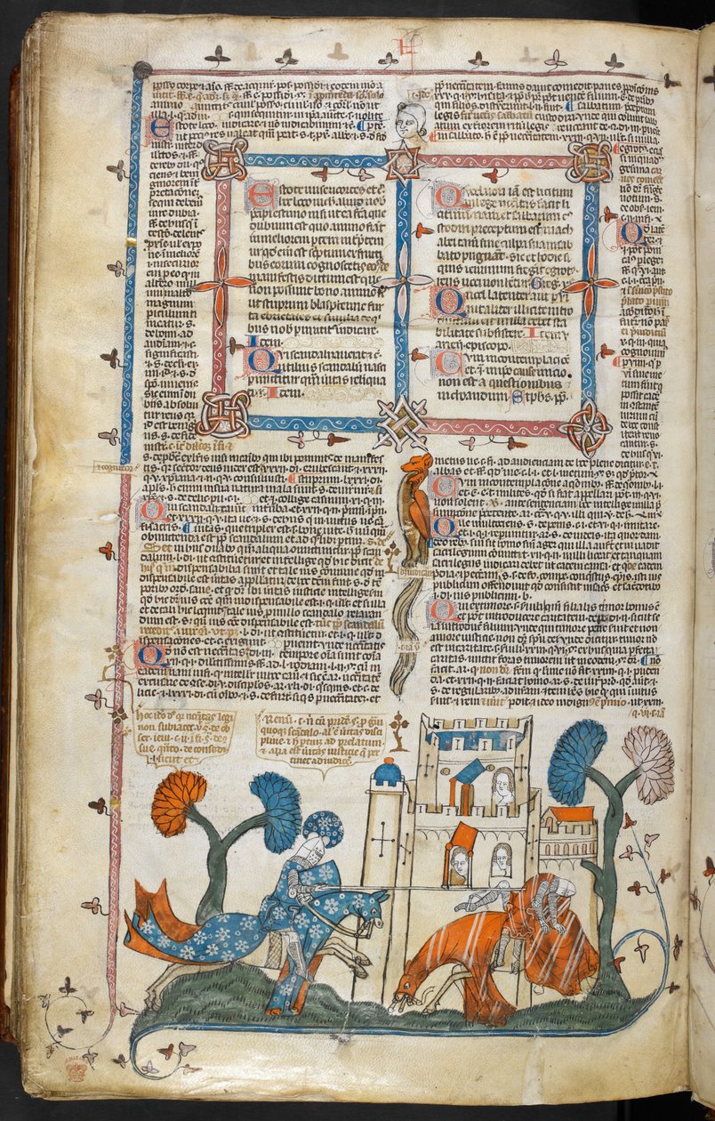 Royal MS 10 E IV f.313v, en bas-de-page-scene av en ridder som løsner en annen foran et slott, ca. 1300-40 (penn og blekk og tempera på pergament) av French School
