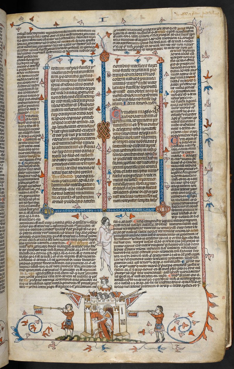 Royal MS 10 E IV f.66r, bas-de-page scene av en ridder som dukker opp fra et slott, ca. 1300-40 (penn og blekk og tempera på pergament) av French School