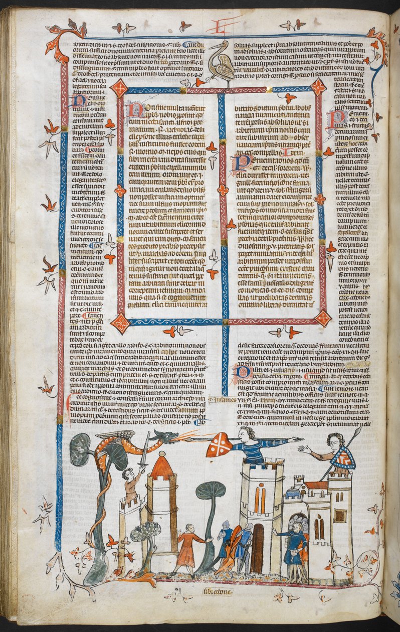 Royal MS 10 E IV f.88v, en bas-de-page-scene av en drage som angriper et slott, ca. 1300-40 (penn og blekk og tempera på pergament) av French School