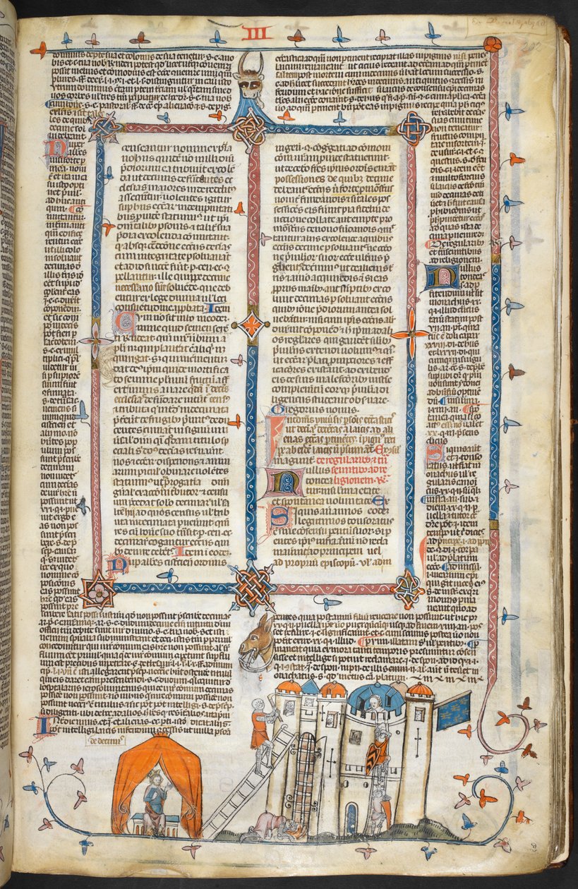 Royal MS 10 iv f.202r Attacking a Fortified Castle and Marginal Decoration, illustrasjon fra 