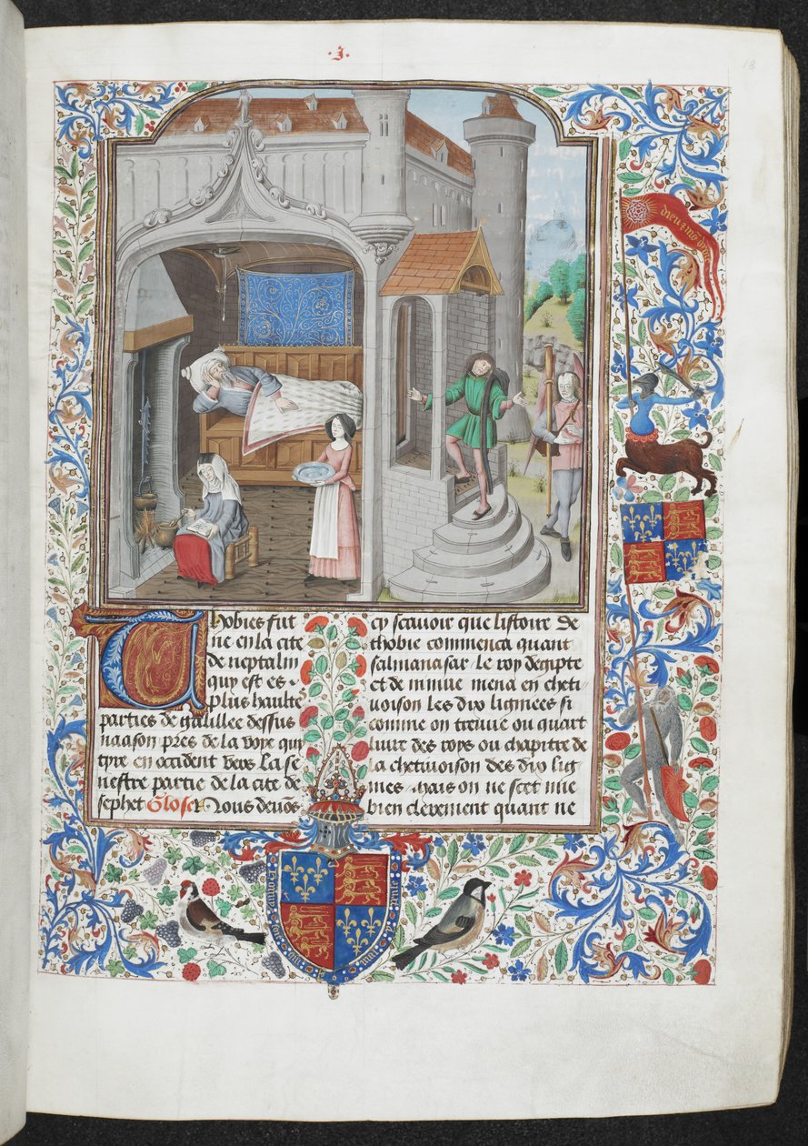 Royal MS 15 D I f.18r Kvinner som tar seg av en syk mann, 