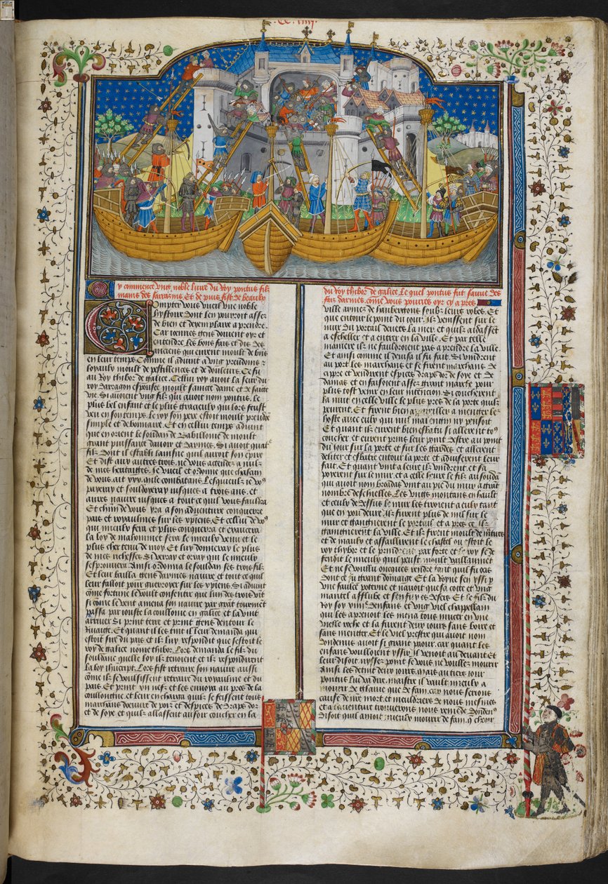 Royal MS 15 E VI, f.207 Miniatyr av skip som beleirer Corunna, fra 