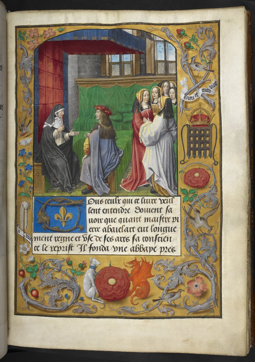 Royal MS 16 F II f.137r Illustrasjon fra 'Charles d'Orleans, Poesi; Pseudo-Heloise, 'Les epistres de labesse Heloys du Paraclit, qui abaye maître Abaielart fonda aincois qu'il mourust' ' av French School