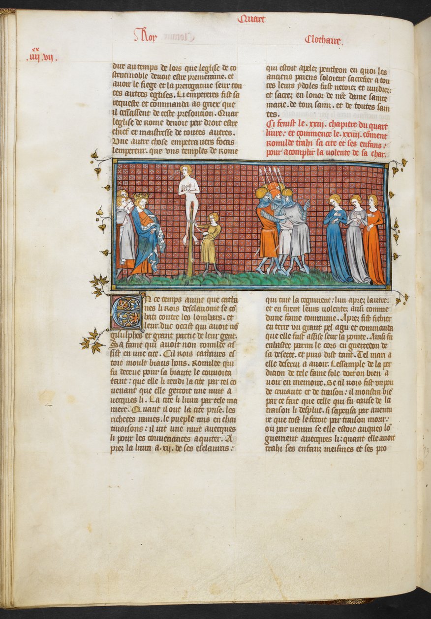 Royal MS 16 G. VI, Death of Romhilda, Romhildas døtre redde sin ære (bok 4, 24), fra Les Grandes Chroniques de France av French School
