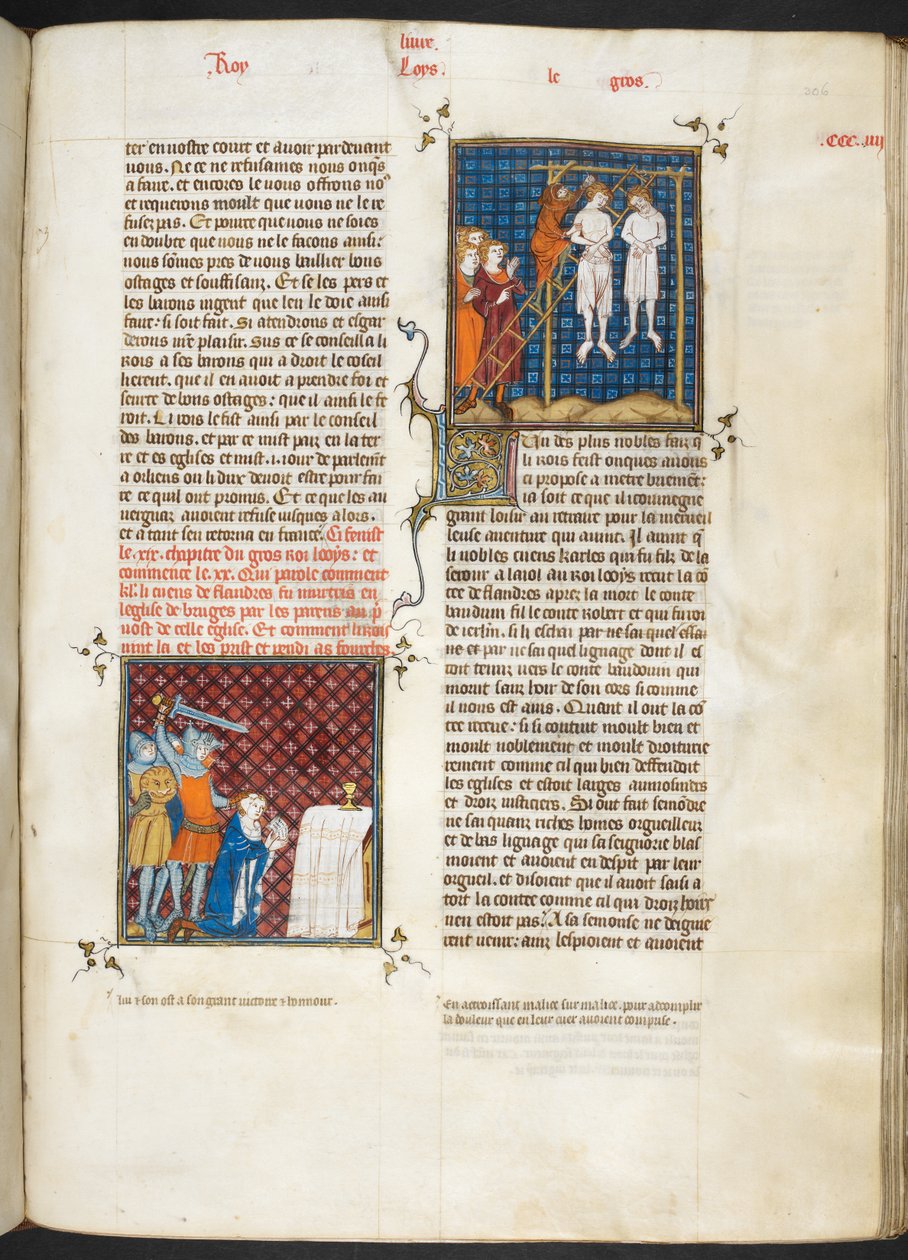 Royal MS 16 G. VI, f.306r, Murder of Charles, greve av Flandern hengt (Louis VI, bok 20), fra Les Grandes Chroniques de France av French School