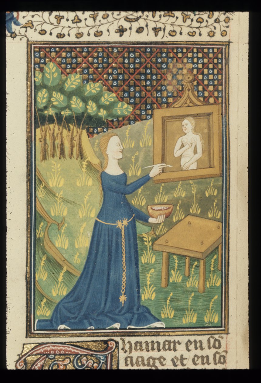 Royal MS 16 G V f.068v Side fra De claris mulieribus i en anonym fransk oversettelse (Le livre de femmes nobles et renomées) av Giovanni Boccaccio, ca.1440 (farge & gull på vellum) av French School