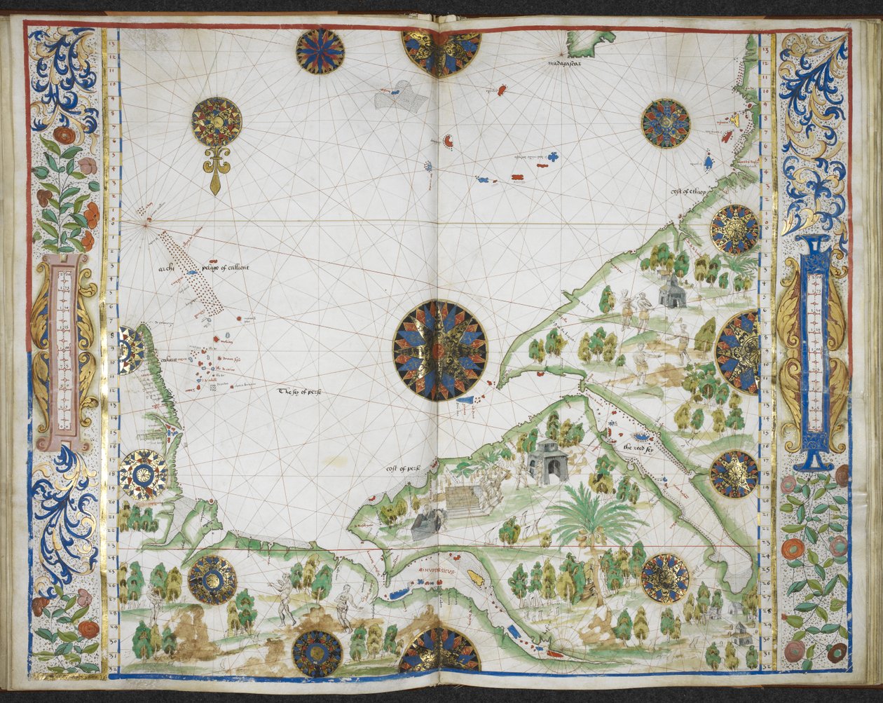 Royal MS 20 E IX f.11v til f.12r Kart over kysten av Asia og Afrika fra Kapp Comorin til Kapp Delgado, inkludert Persiabukta og Rødehavet, fra 