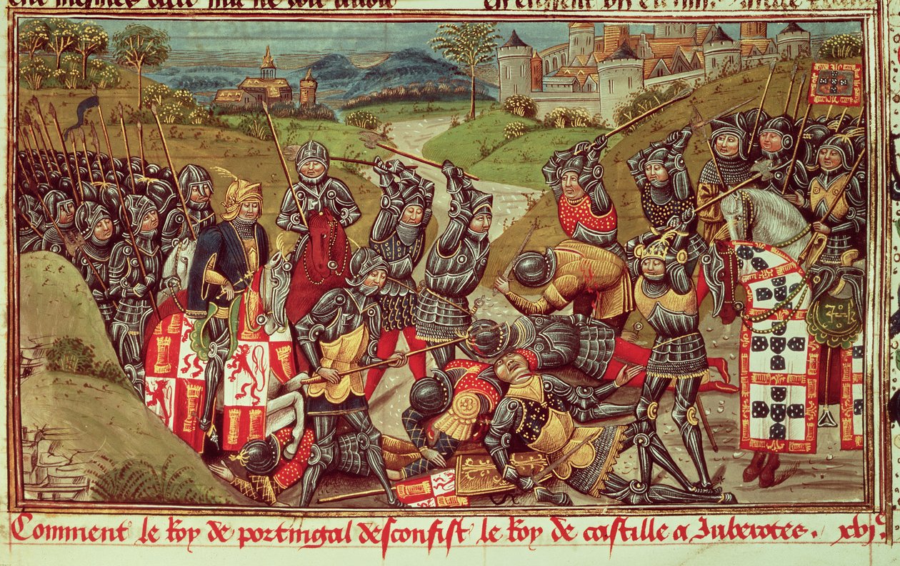 Royal Ms 14 E IV f.204: Juan I av Avis slo Juan I av Castilla i slaget ved Aljubarrota, Portugal av French School