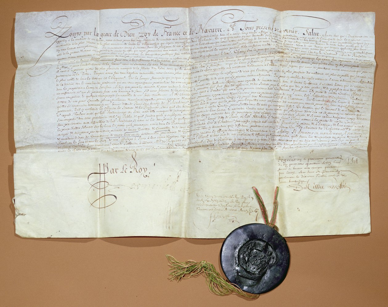 Kongelig resolusjon for opprettelsen av det franske akademiet, 1635 (blekk på vellum) av French School