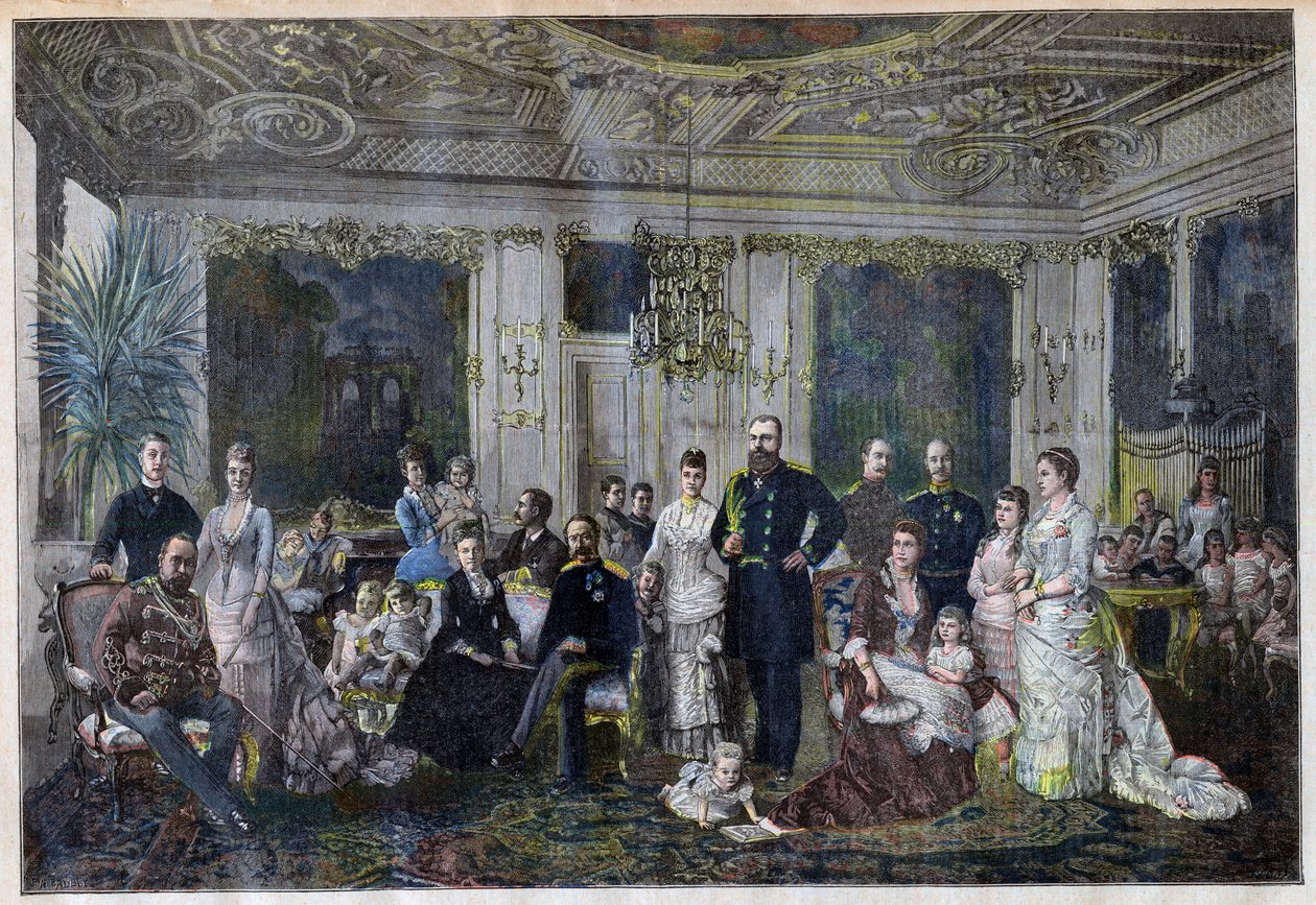 Kongelige familier samles i Danmark for å feire sølvbryllup til tsaren og tsarinaen i en liten landsby Juleboekshusene fra 'Le Petit Journal', 26. september 1891 (farget gravering) av French School