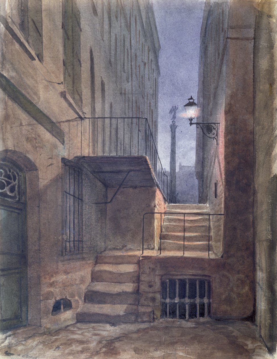 Rue de la Vieille Lanterne, hvor Gerard de Nerval (1808-55) hengte seg, 25. januar 1855 (wc på papir) av French School