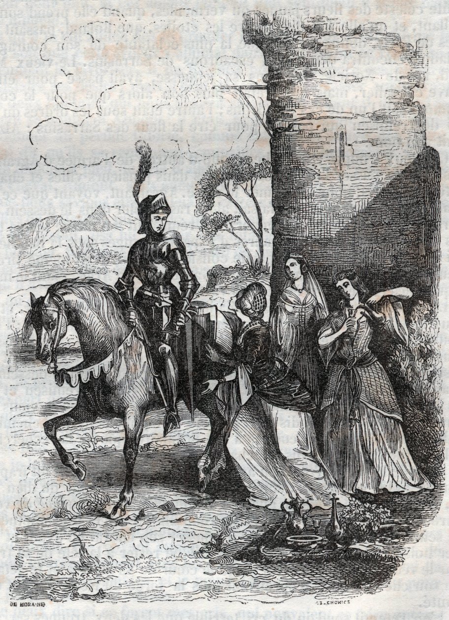 Ruggiero og tre nymfer fra hoffet i Alcina - gravering av 1851 fra diktet Orlando furioso av French School