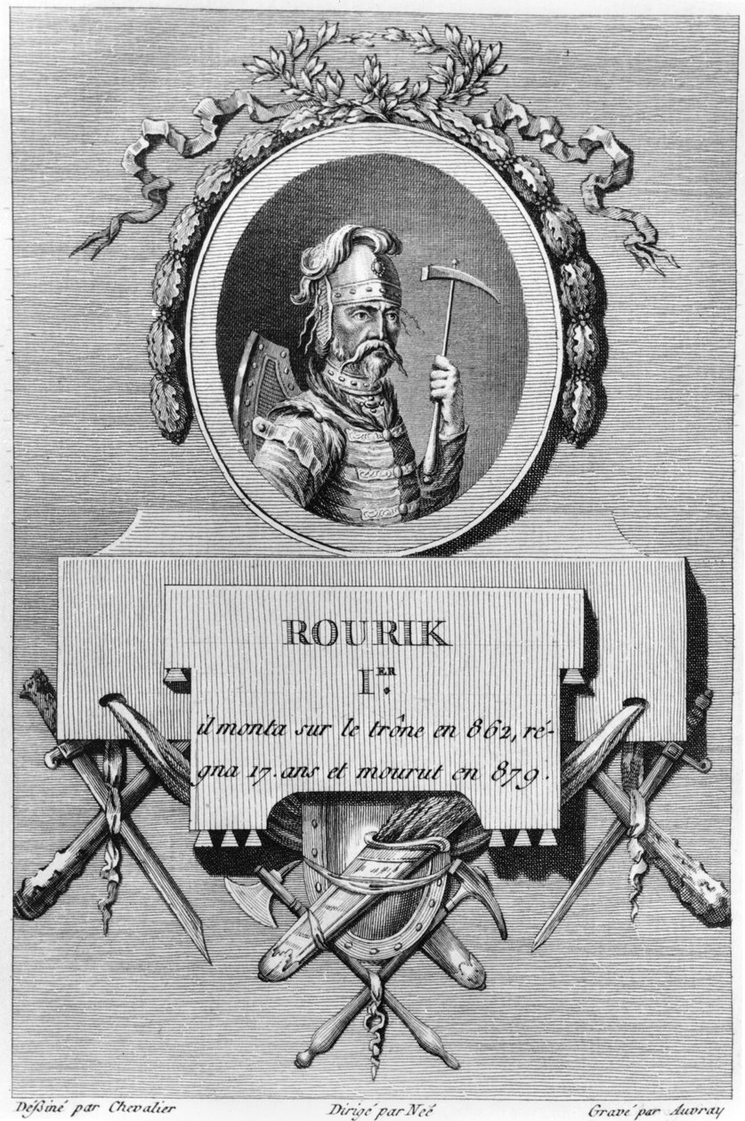 Rurik (d. 879), Russlands første tsar, illustrasjon fra det gamle Russlands fysiske, moralske, sivile og politiske historie av Nicolas Gabriel Clerc, Paris, 1783-85 av French School