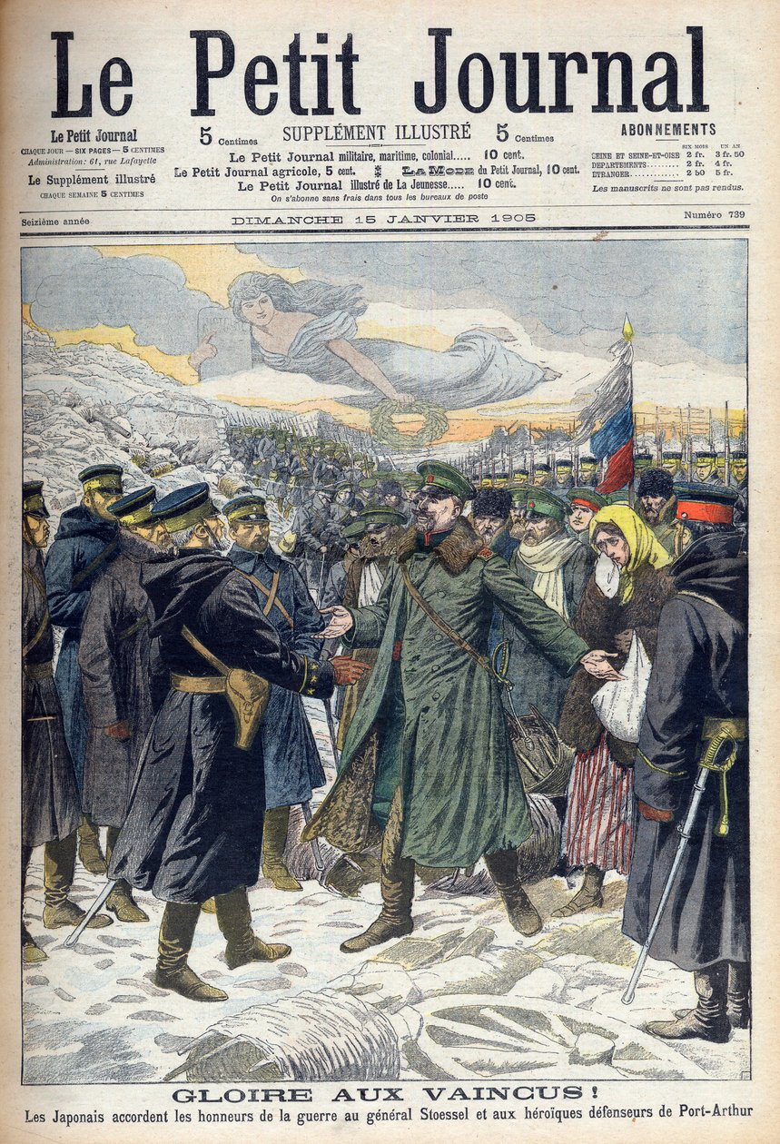 Russisk-japansk krig 1904-1905: Japanere tillater general Stoessel og de russiske forsvarerne av Port Arthur ærefull overgivelse. Fra Le petit Journal, Paris av French School
