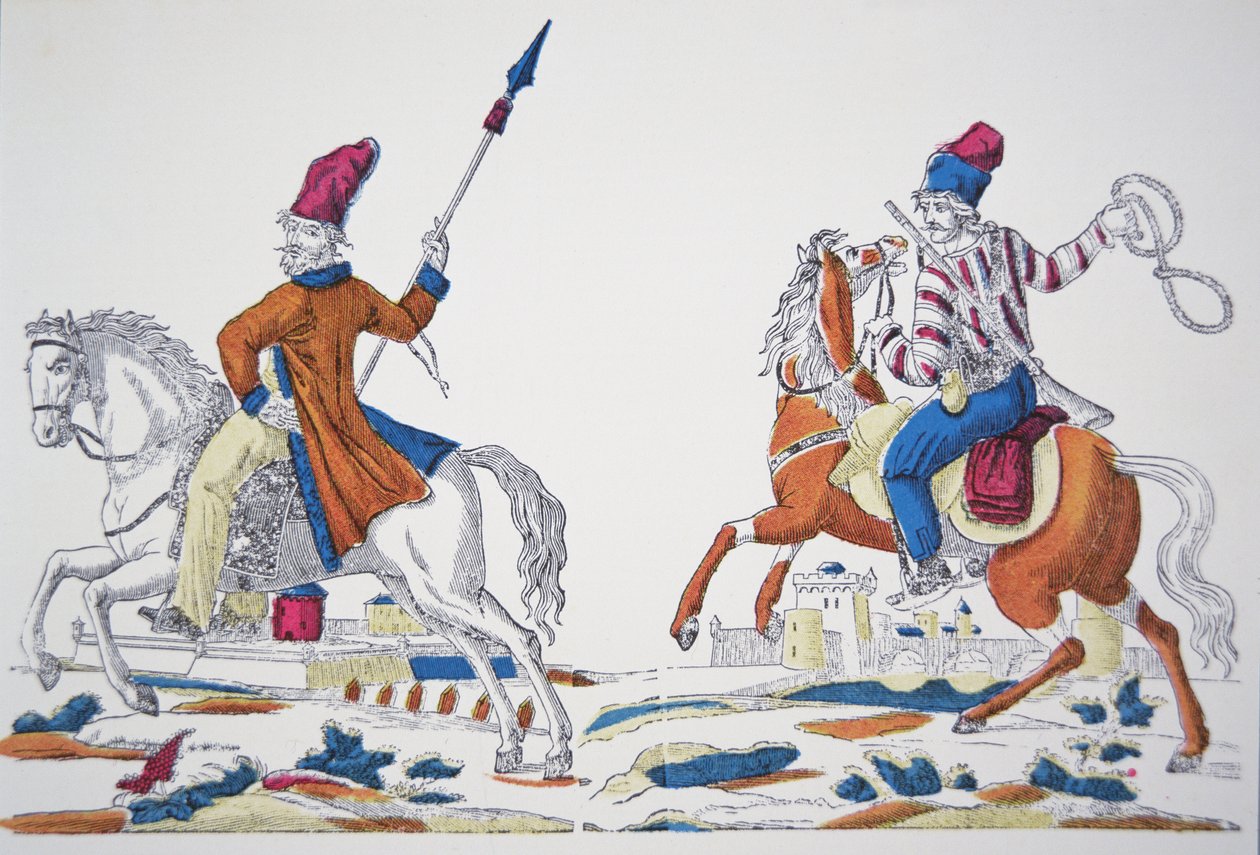 Russiske kosakker på tidspunktet for Napoleons invasjon i 1812 (farge litho) av French School