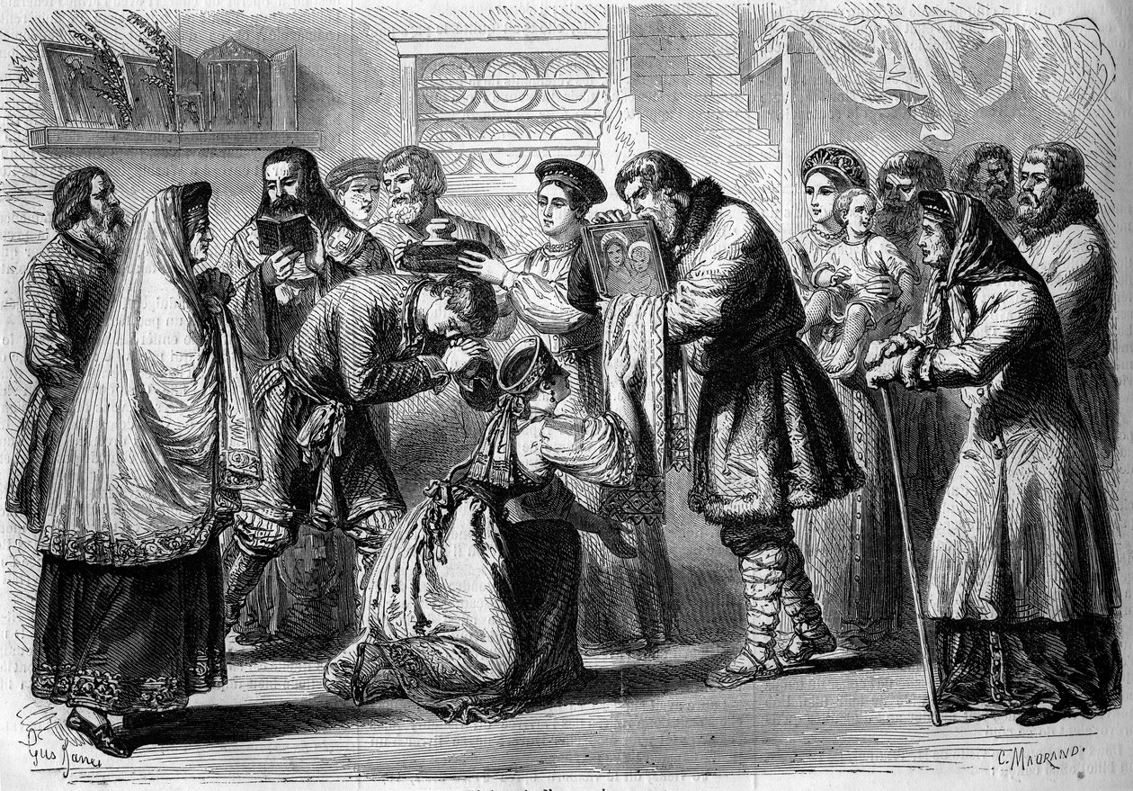 Russisk skikk - Bryllup - 1860: seremoni før bryllupet. Gudfar og gudmor velsigner fremtidige ekteskap. Gudfaren presenterer for dem bildet av Kristus eller jomfruen, symbol på religiøs innvielse. Gudmoren holder brød og salt over hodet på av French School