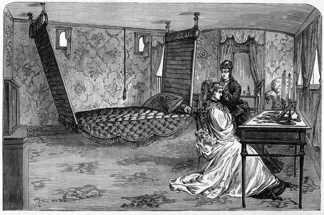 Russisk keiserlige tog brukt av hertugen og hertuginnen av Edinburgh i 1874: soveromsvognen. Gravering i "" Le Monde Illustré"" nr. 886 av 6. april 1874. av French School