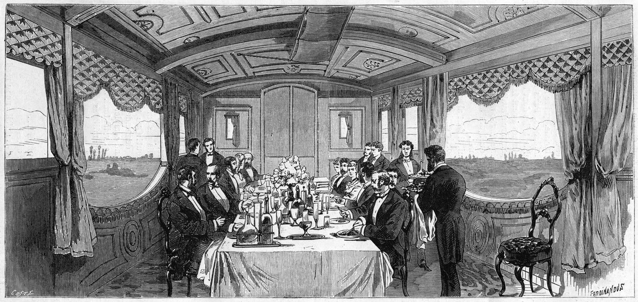Russisk keiserlige tog brukt av hertugen og hertuginnen av Edinburgh i 1874: spisestuevognen. Gravering i "" Le Monde Illustré"" nr. 886 av 6. april 1874. av French School